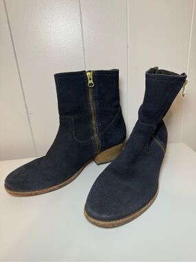Hand Crafted Brand Navy Suede Booties Side Zip Western, Boho, Costal Cowgirl